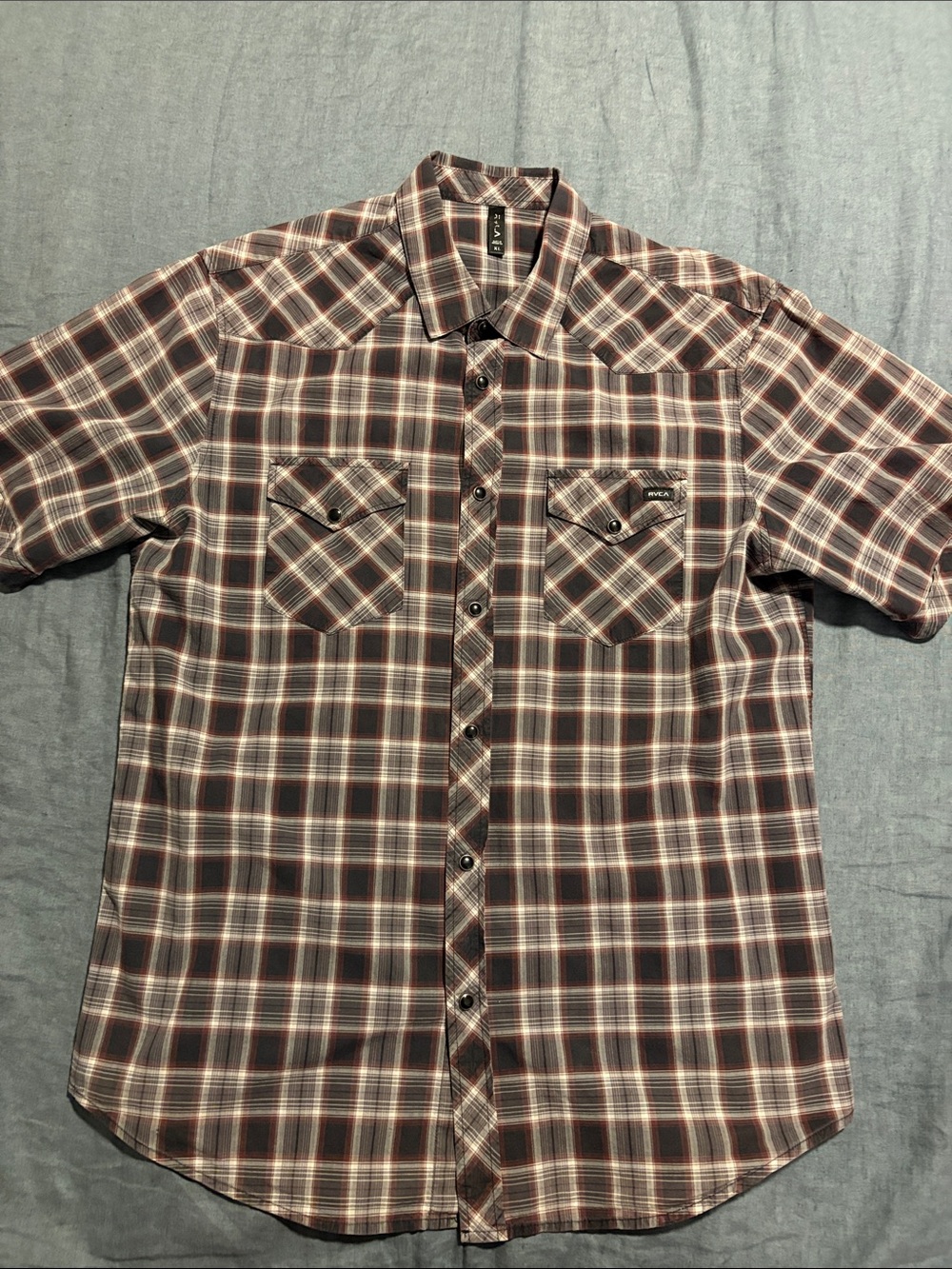 RVCA Brown and Black Plaid Short-Sleeve Button-Down Shirt
